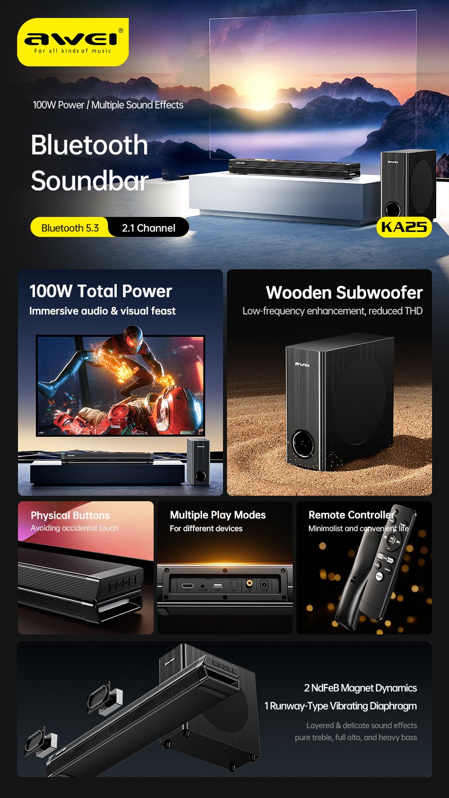 Awei KA25 100W Home Theater Stereo Soundbar with Subwoofer 1