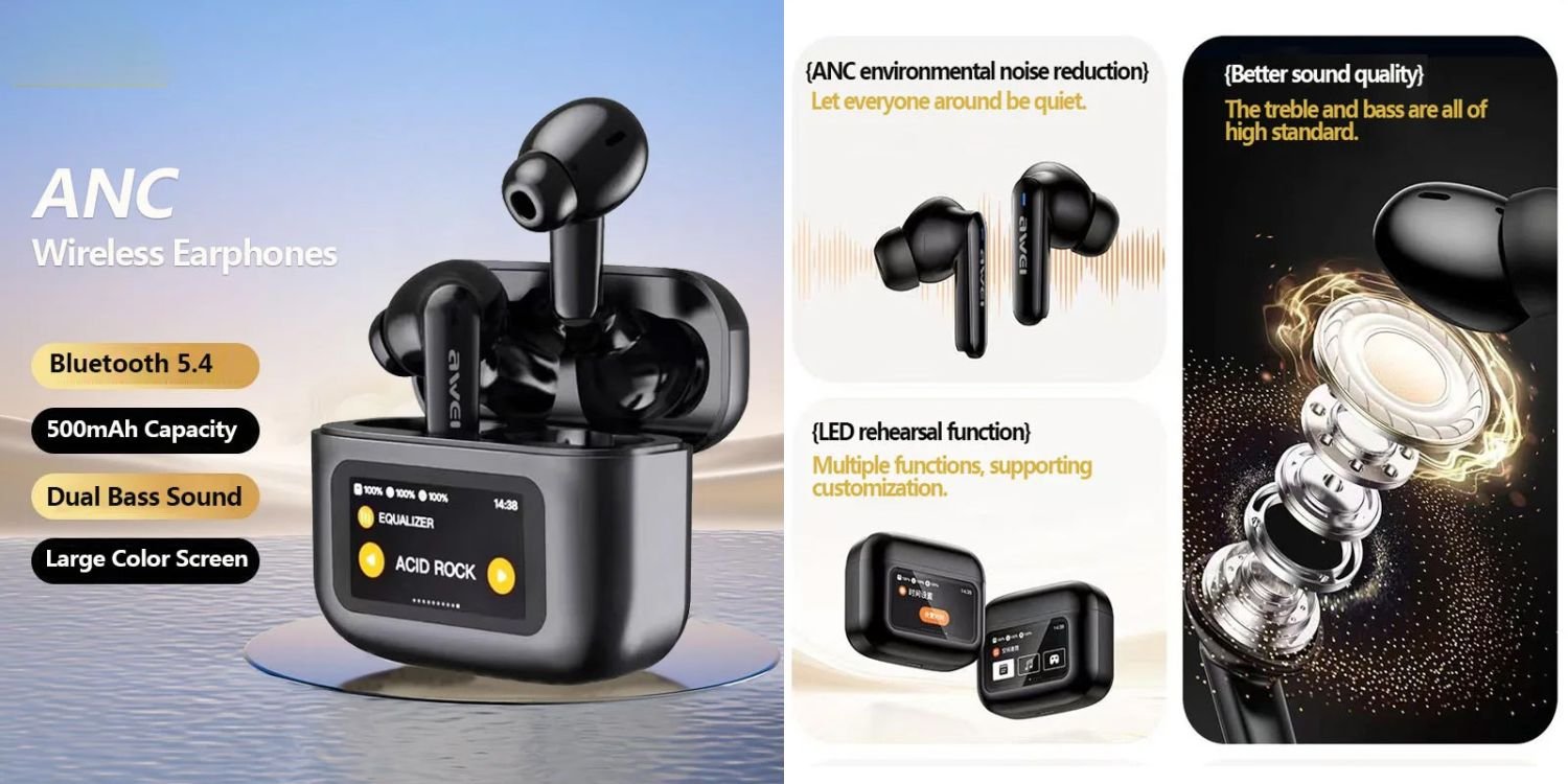 Awei T56 ANC TWS Earphone With Touch LCD Screen 1