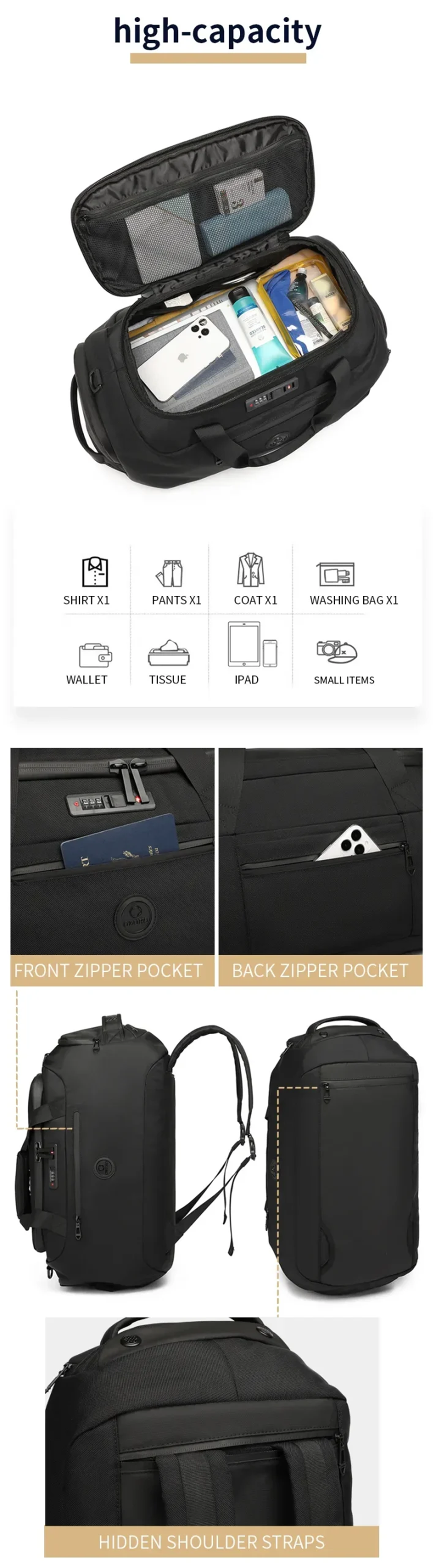 OZUKO 9651 Weekender Travel Duffle Bag Multi-functional Bag with Shoe Compartment 2 OZUKO 9651 Weekender Travel Duffle Bag Multi functional Bag with Shoe Compartment 1