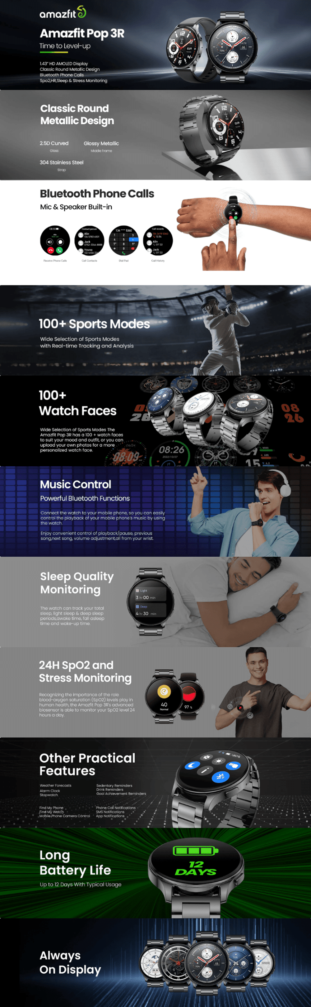 Amazfit Pop 3R Smart Watch Metallic Strap Bluetooth Calling 1