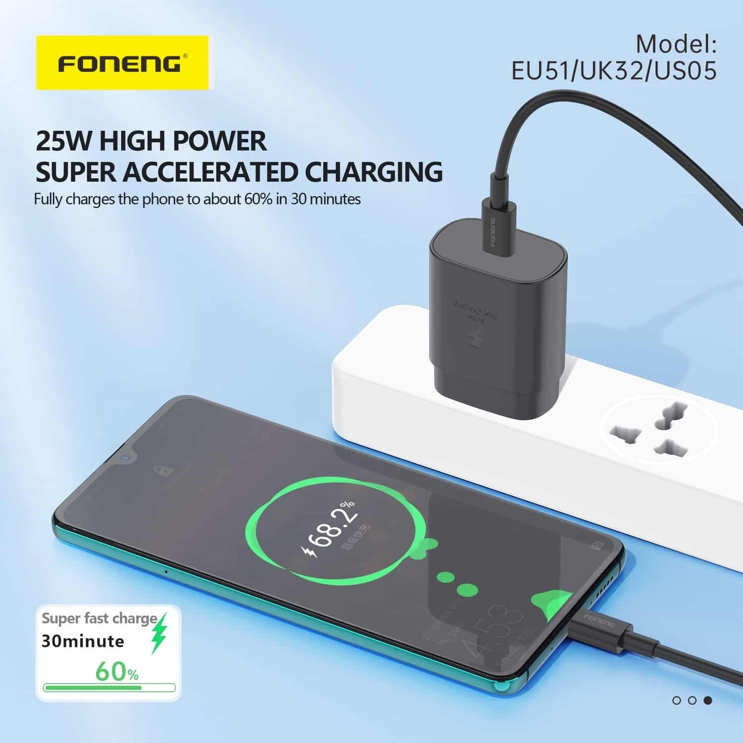 FONENG 25W GaN USB C Wall Charger With Type C Cable UK32 Black