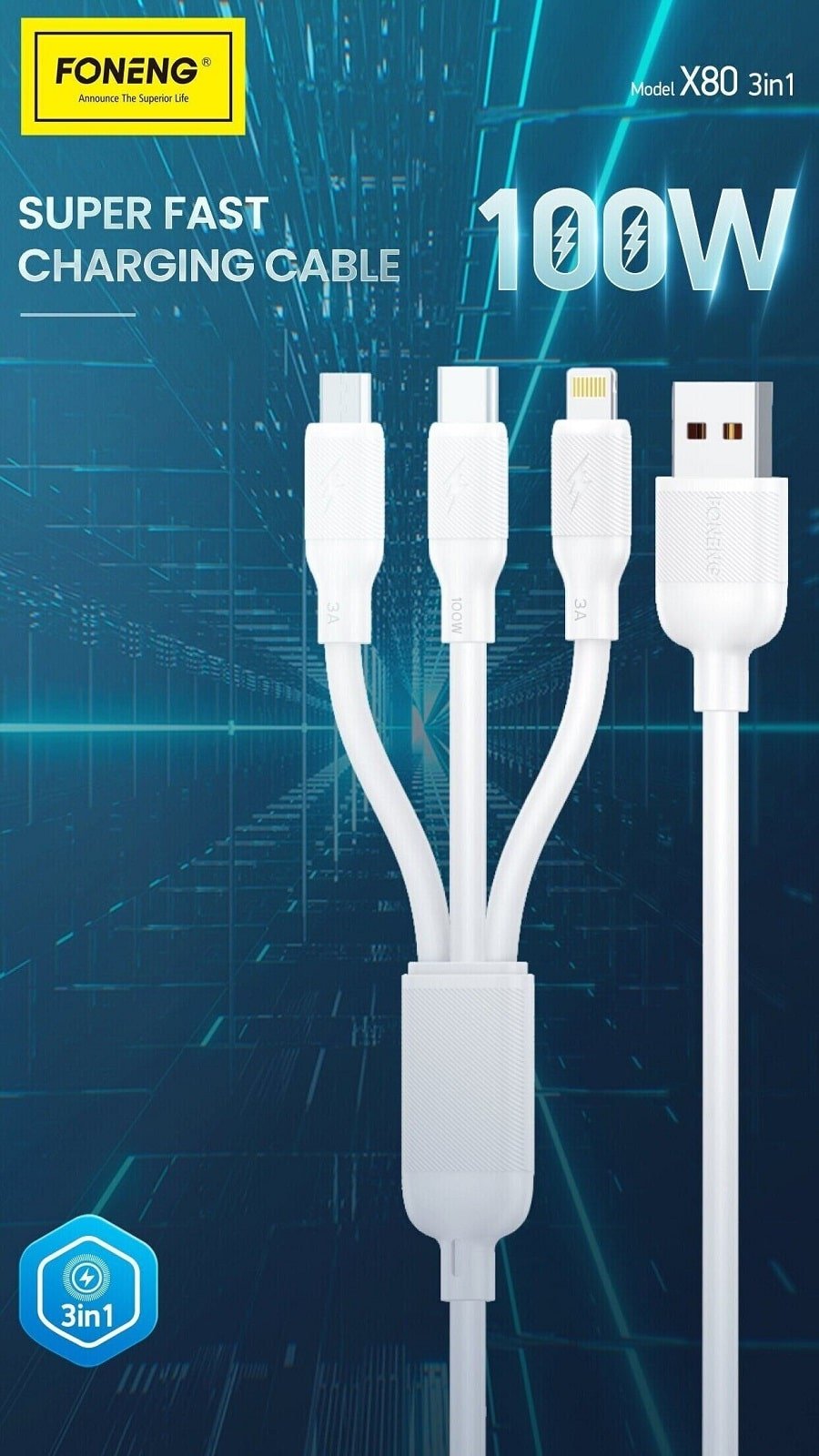 Foneng X80 1.2m 3 in 1 USB to USB C Lightning Micro USB Cable 2