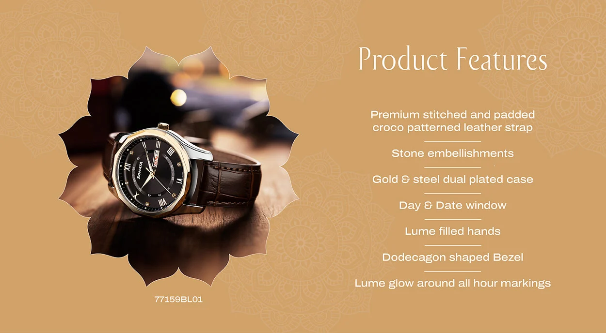 Sonata Wedding Quartz Analog Black Dial Leather Strap Watch For Men 77159BL01 1