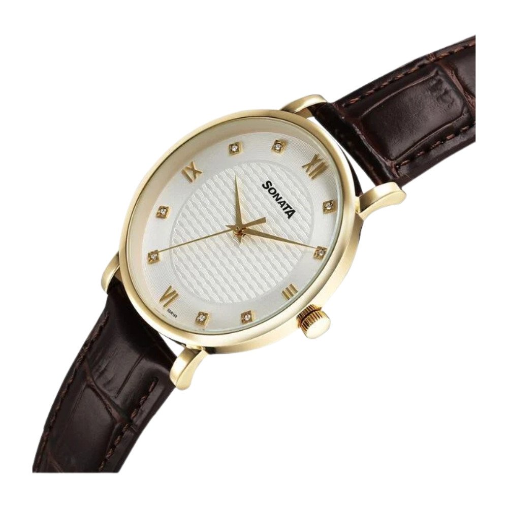 Sonata Wedding Quartz Analog Off White Dial Leather Strap Watch For Men 77155YL01 2