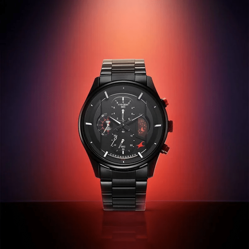 Fastrack Opulence Sun Moon Chronograph Black Dial Black Metal Strap Analog Quartz Watch For Guys 3315KM01 1