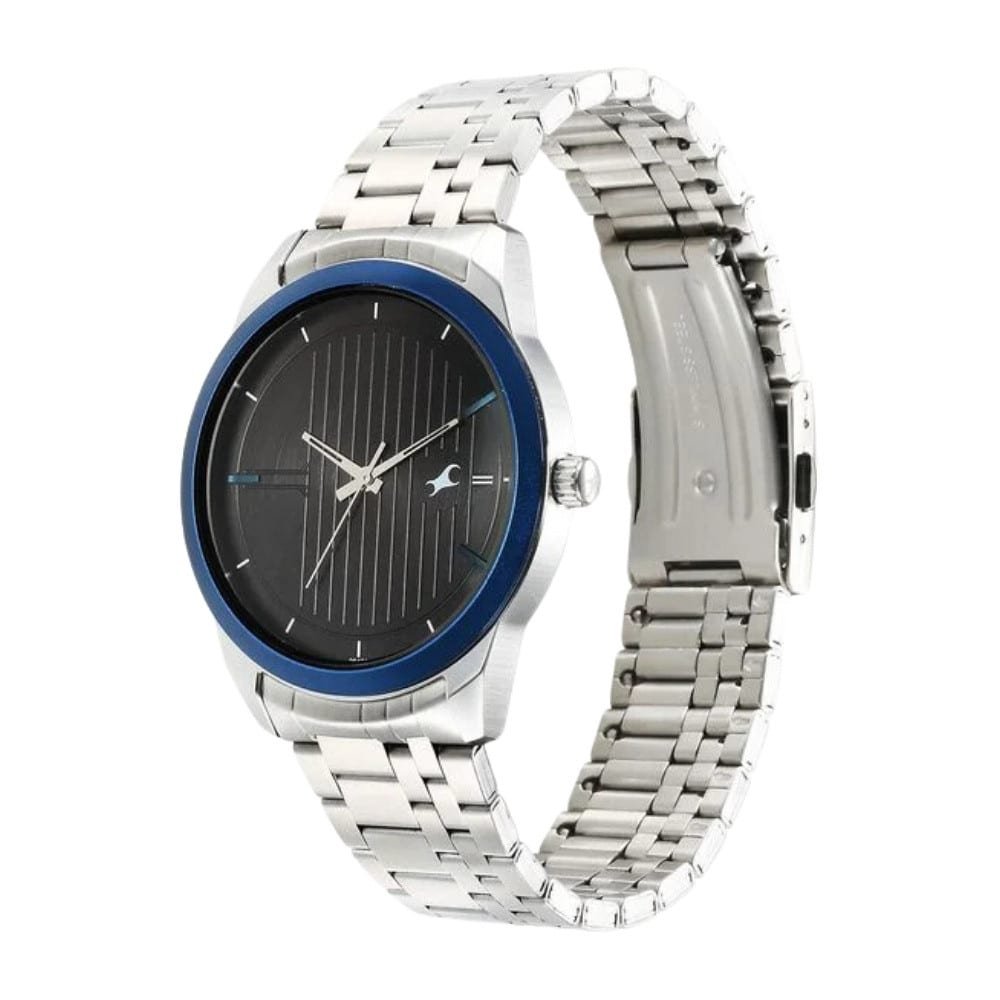 Fastrack Stunners Quartz Analog Black Dial Metal Strap Watch for Guys 3308KM02 3
