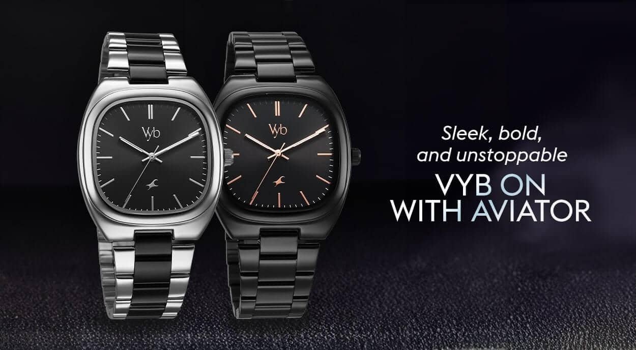 Fastrack Vyb Aviator Quartz Analog Black Dial Two Toned Metal Strap Watch For Guys FV30004KM01W 1