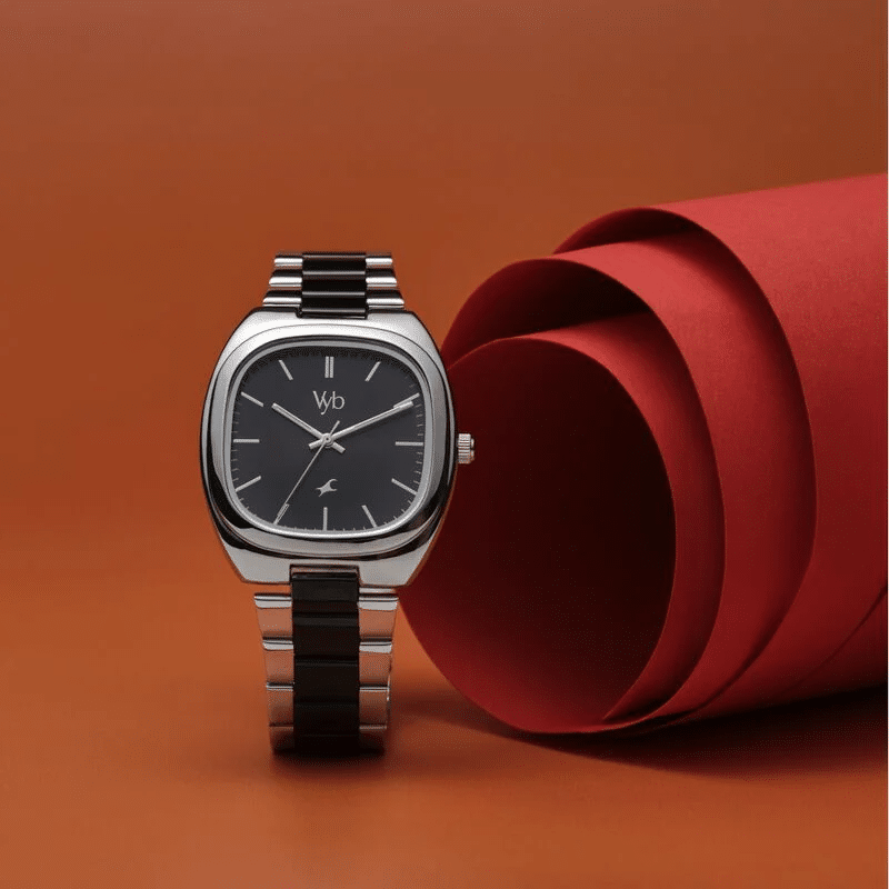 Fastrack Vyb Aviator Quartz Analog Black Dial Two Toned Metal Strap Watch For Guys FV30004KM01W 1