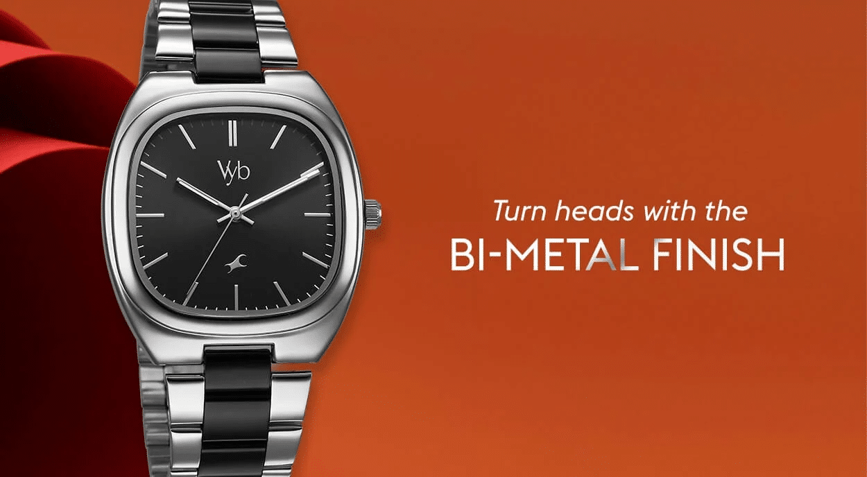 Fastrack Vyb Aviator Quartz Analog Black Dial Two Toned Metal Strap Watch For Guys FV30004KM01W 2