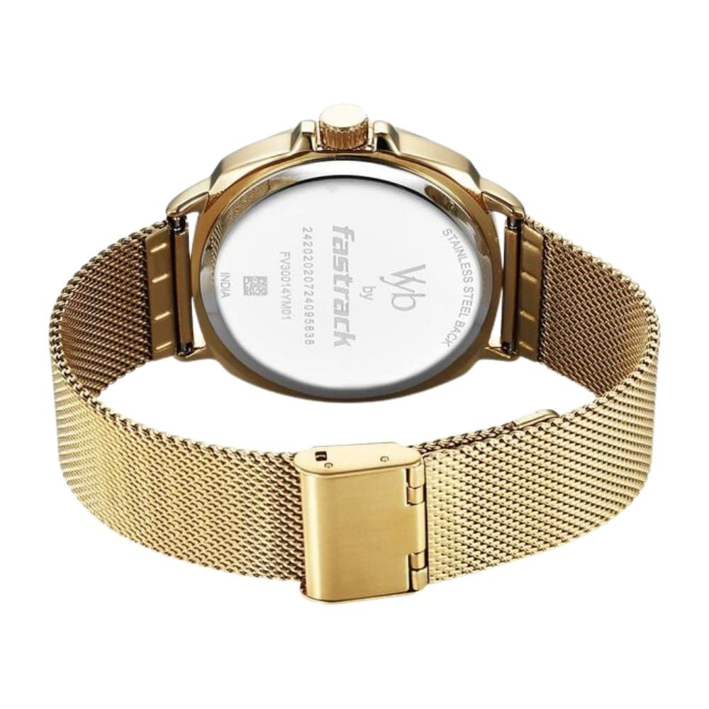 Fastrack Vyb Pioneer Quartz Analog Silver Dial Golden Metal Strap Watch For Guys FV30014YM01W 1