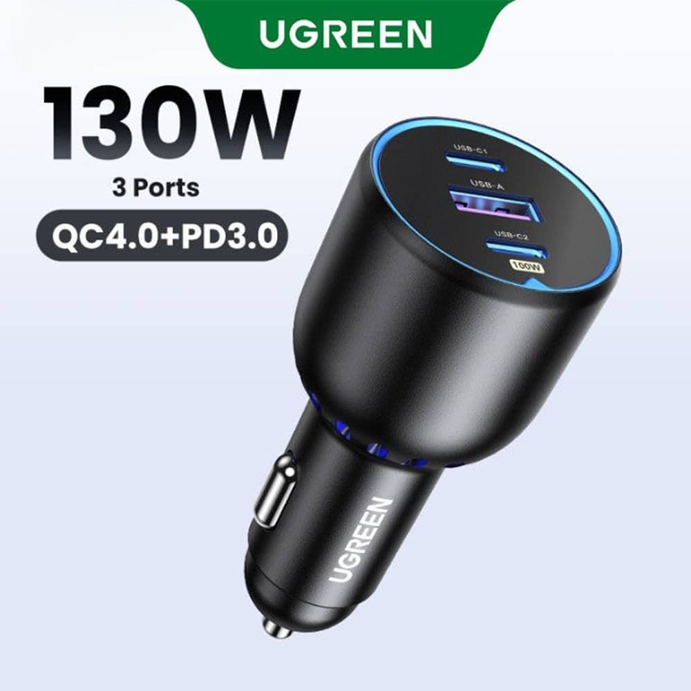 Ugreen Car Charger 130W Super Fast Charging Adapter 2x Type C 1x USB A 1