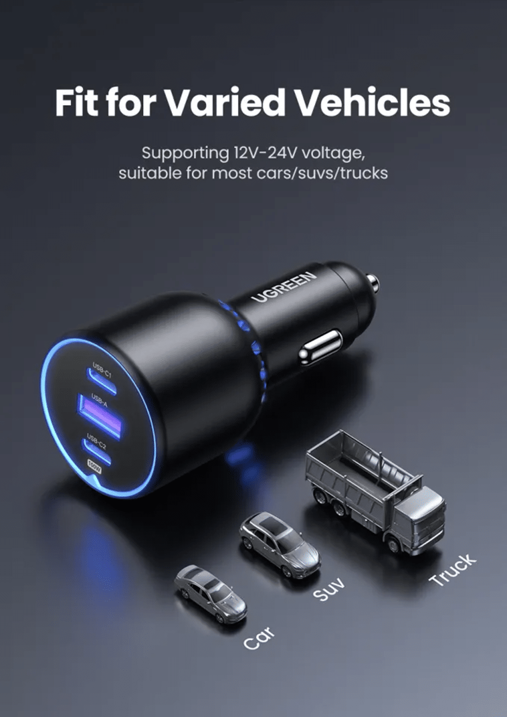 Ugreen Car Charger 130W Super Fast Charging Adapter 2x Type C 1x USB A 1