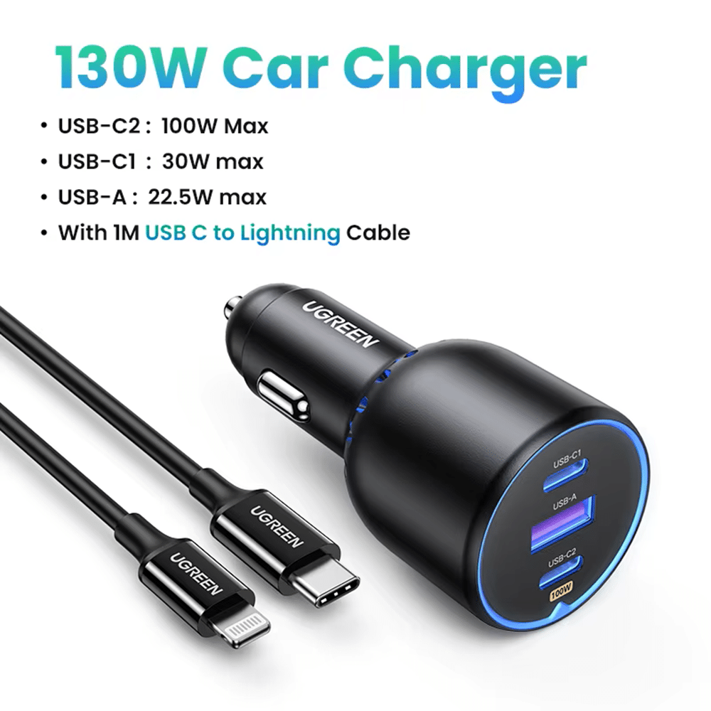 Ugreen Car Charger 130W Super Fast Charging Adapter 2x Type C 1x USB A 2