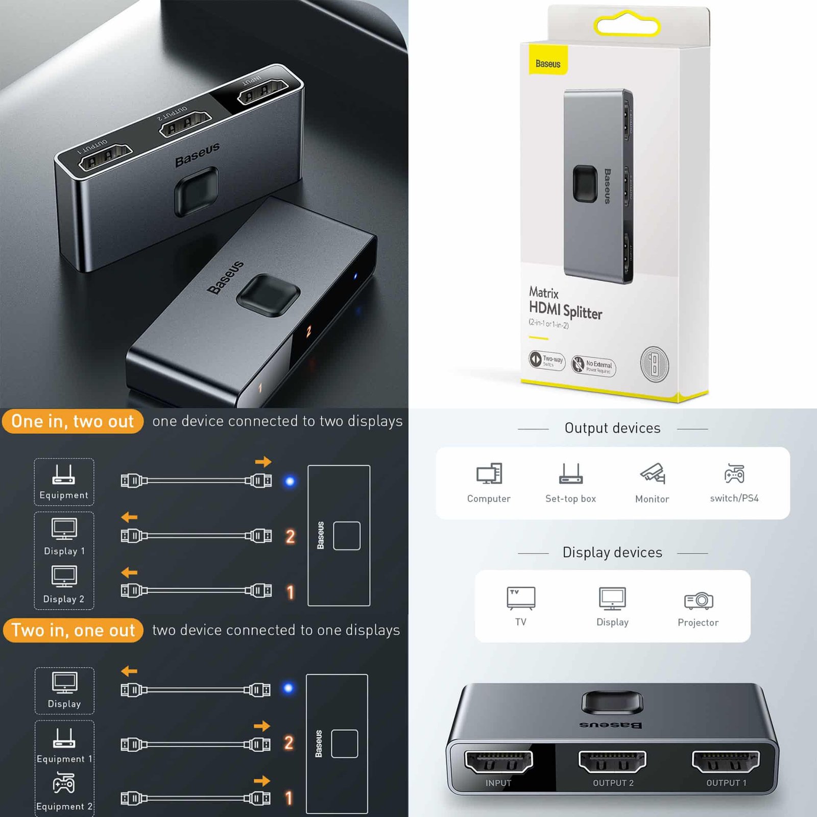 Baseus Matrix HDMI Switcher 4K HD 2 In 1 Convertor Multi Hub 1