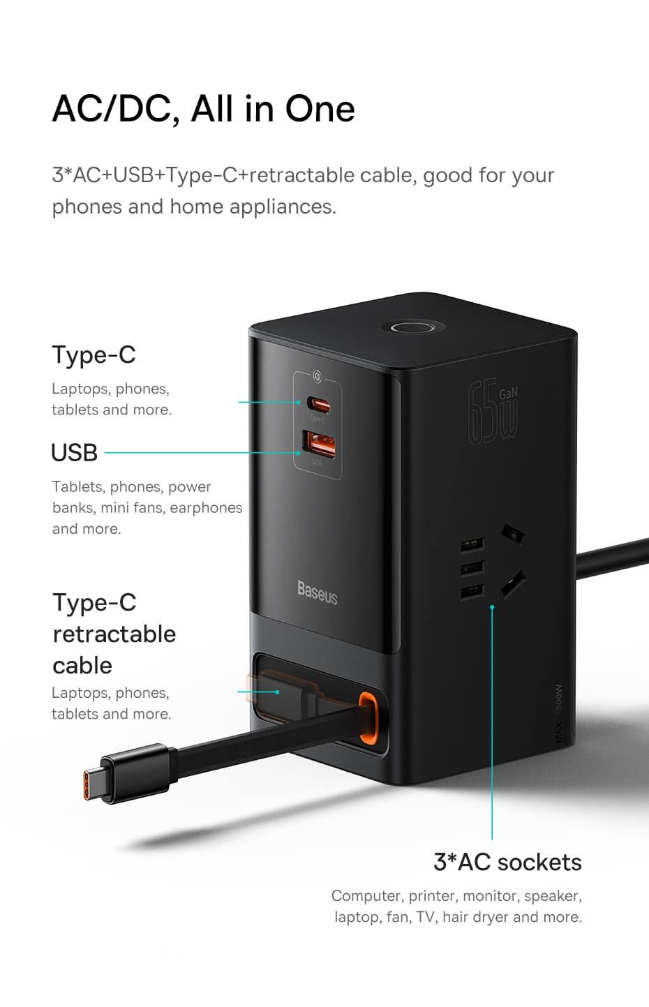 Baseus Power Combo Digital 65W Power Strip with Retractable Cable 1