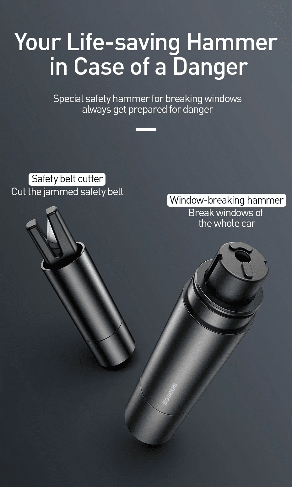 Baseus Sharp Tool Safety Hammer Window Breaking Seat Belt Cutting 3