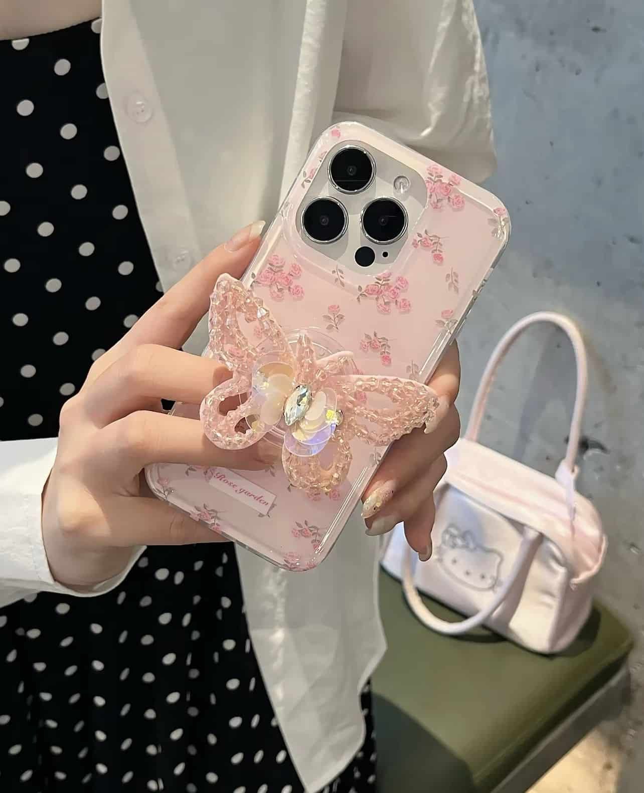 Fashionable Pink Flower Butterfly Stand Phone Case for iPhone 5