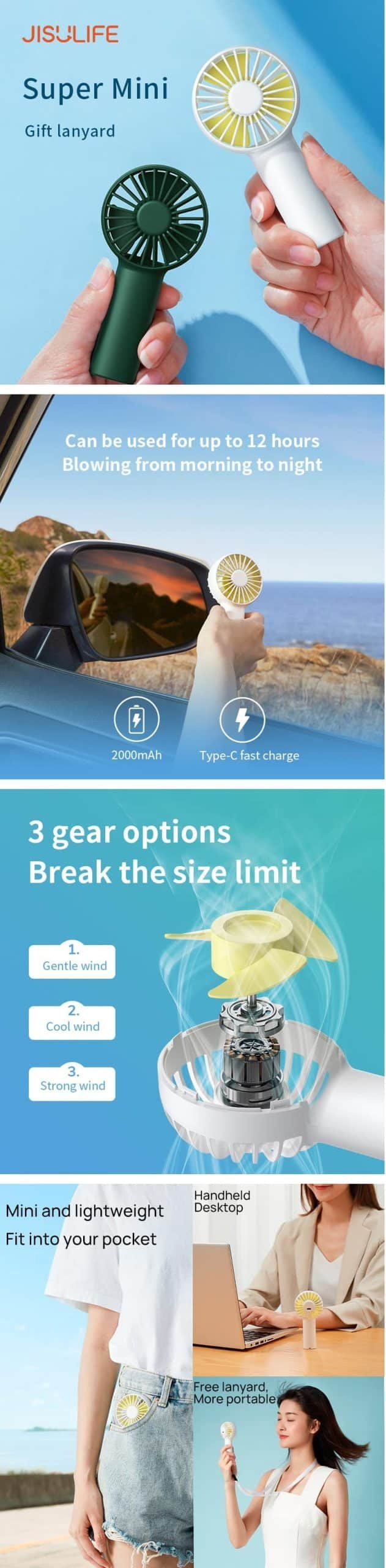 JISULIFE FA20 Mini Handheld Fan 2000mAh Rechargeable Battery 4 scaled
