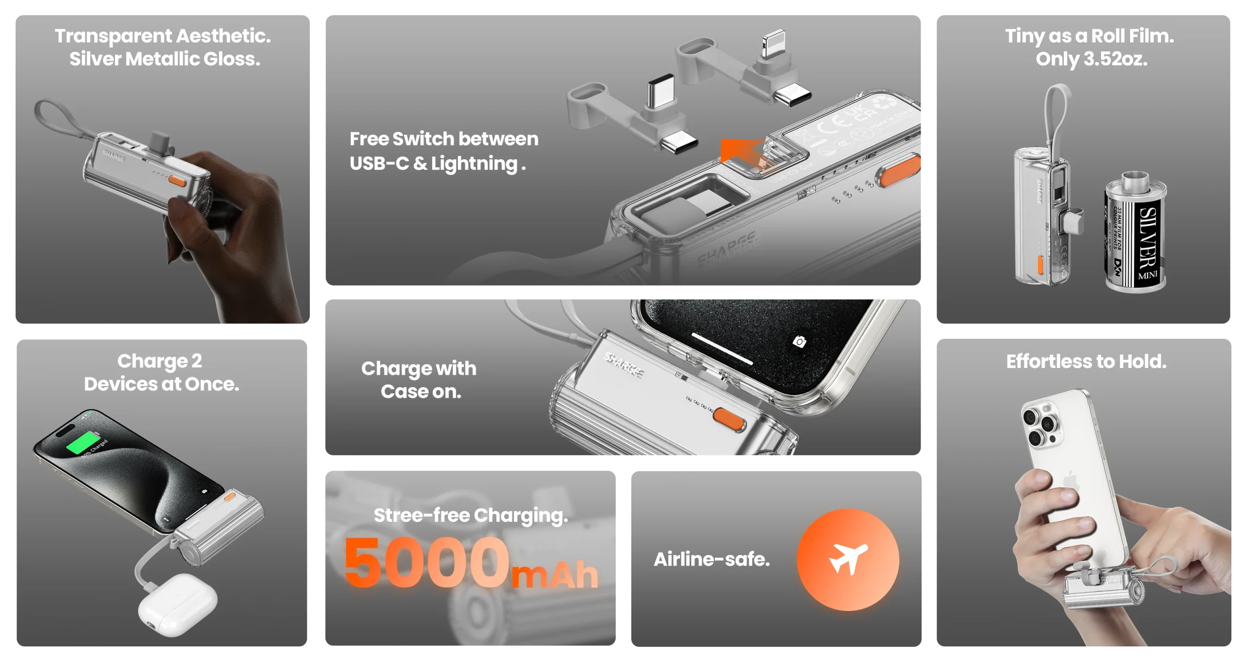 SHARGE Flow Mini 5000mAh 12W Power Bank with Lighting and Type C Connector and Built in Type C Cable 1 scaled