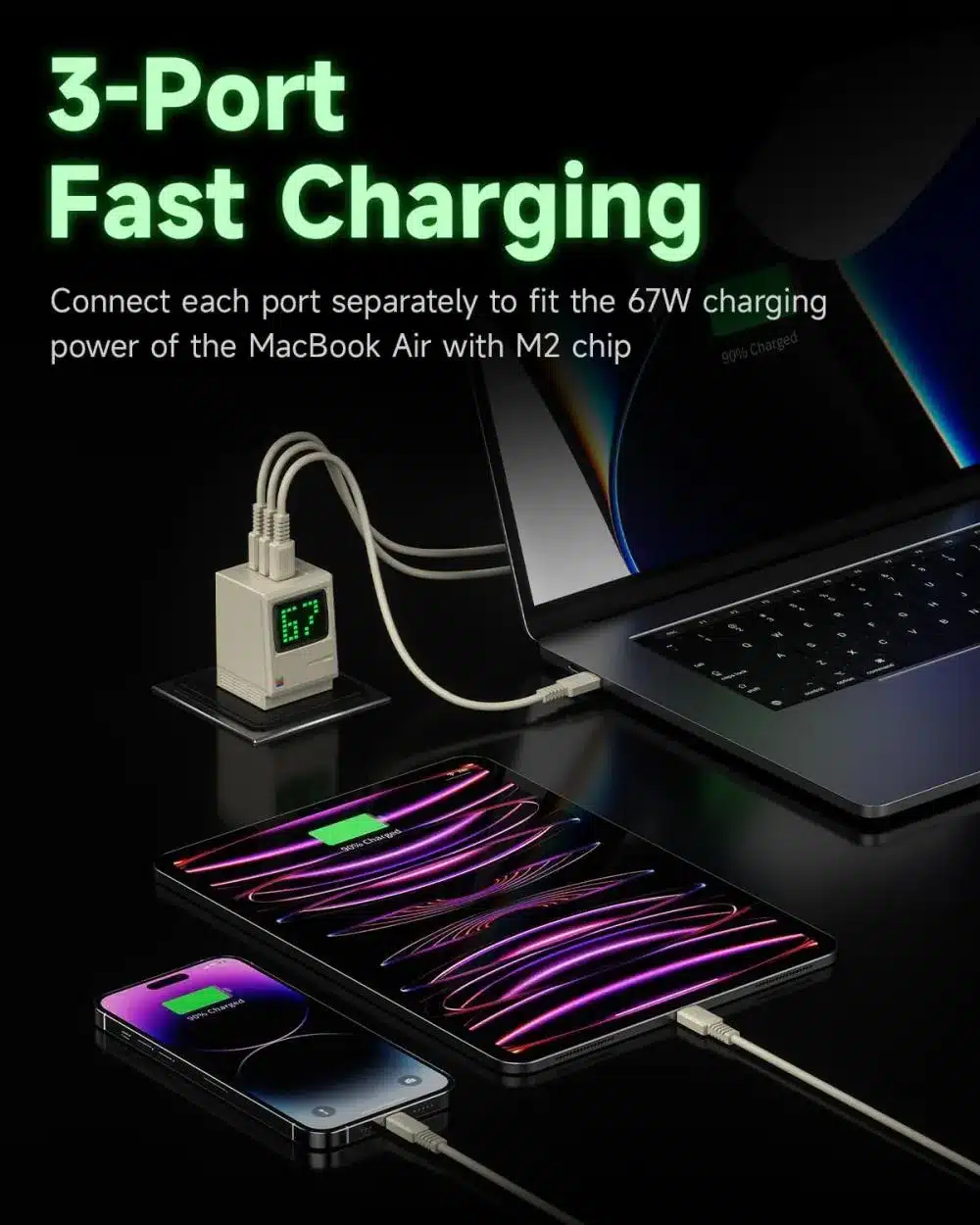 SHARGE Retro 67w USB C Power Display 3 Port Fast GaN Foldable Charger 5