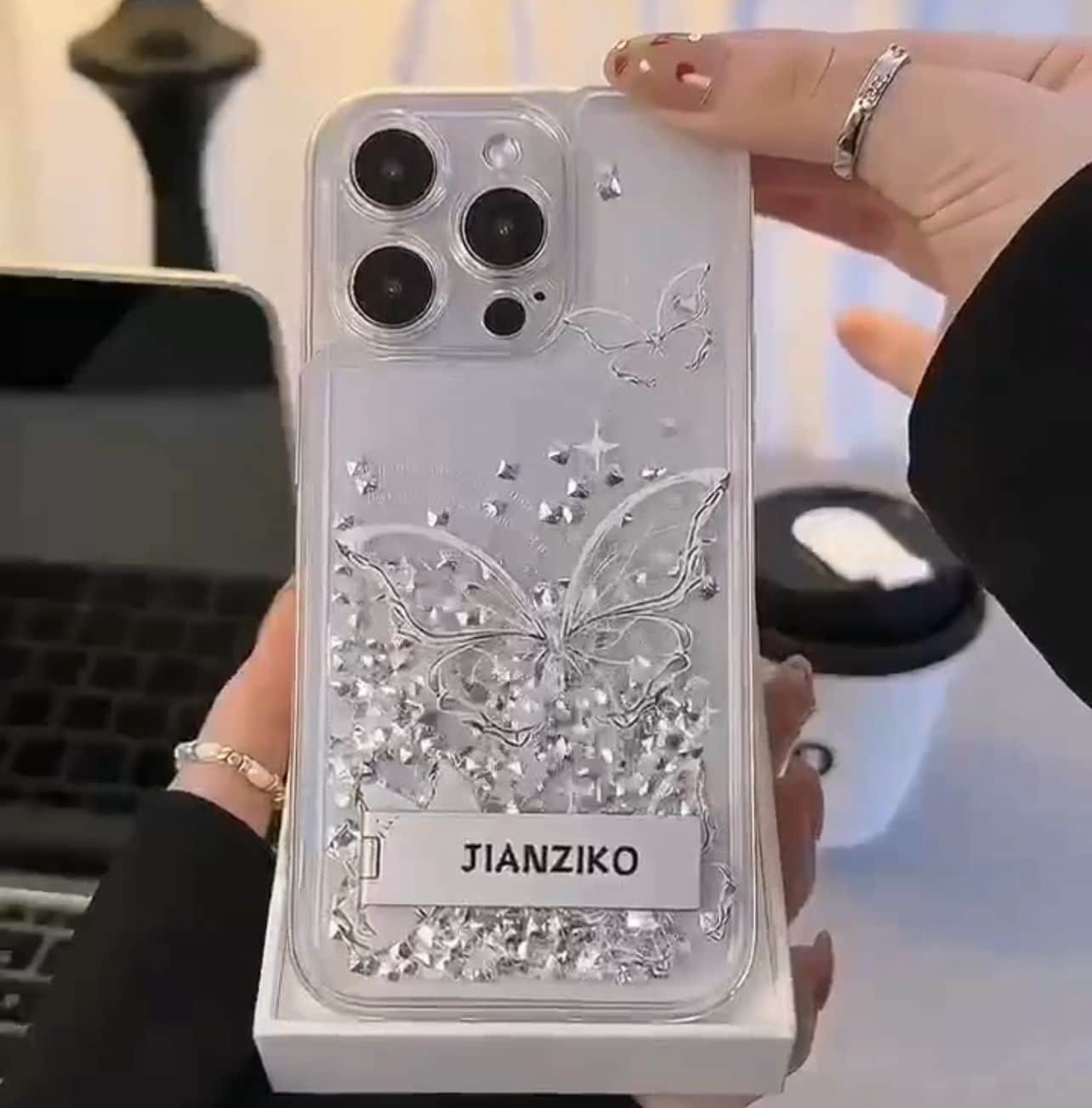 Silver Butterfly Diamond Quicksand Stand Transparent Cover For iPhone 1