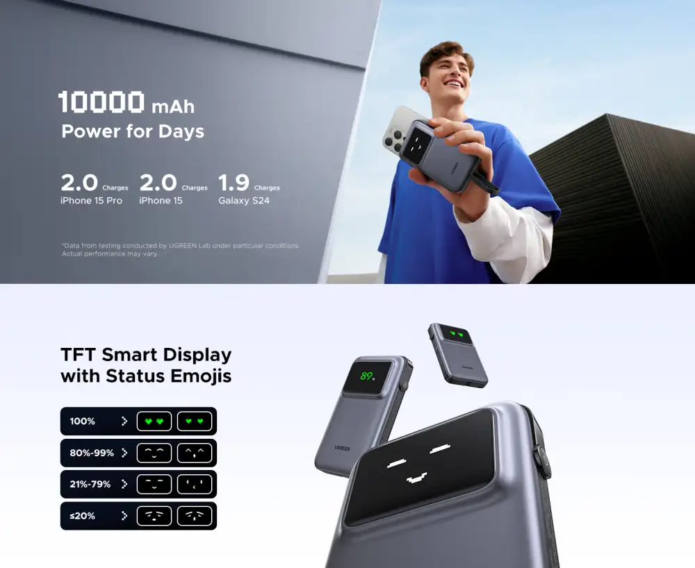 UGREEN Uno 10000mAh 30W Power Bank with Built in USB C Cable 1