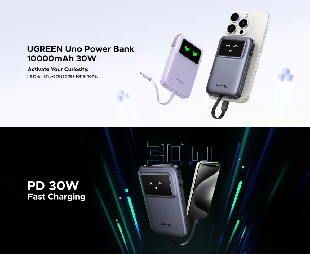 UGREEN Uno 10000mAh 30W Power Bank with Built in USB C Cable 3