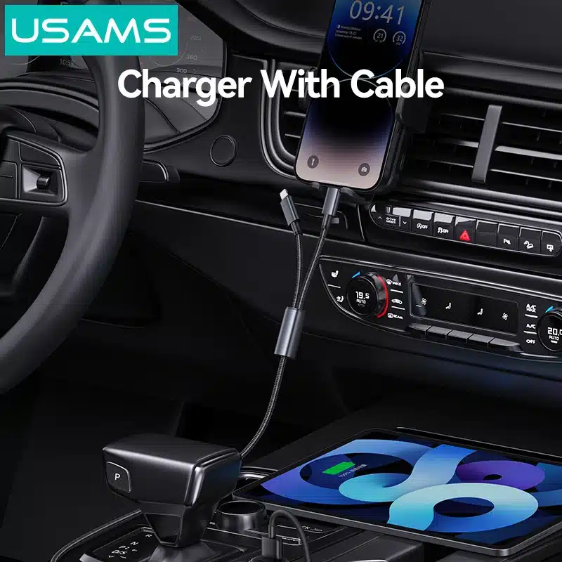 USAMS CC287 YT Series 66W Dual-Port USB & Type-C Car Fast Charger with 2-in-1 Cable 1 USAMS CC287 YT Series 66W Dual Port USB Type C Car Fast Charger with 2 in 1 Cable 1