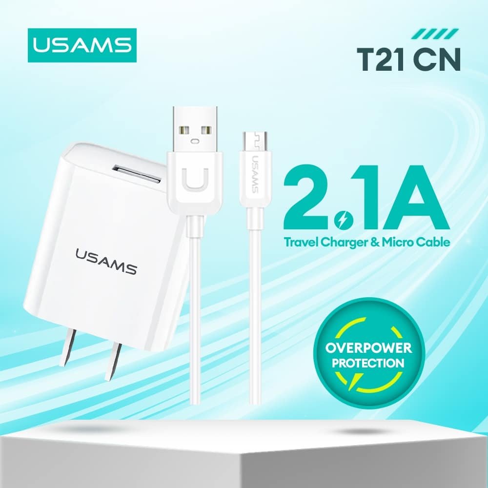 USAMS T21 Single USB Port Travel Wall Charger US Plug Power Adapter with Micro Cable 1