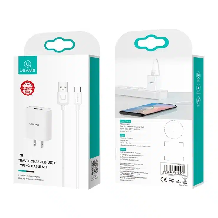 USAMS T21 Single USB Port Travel Wall Charger US Plug Power Adapter with Micro Cable 2
