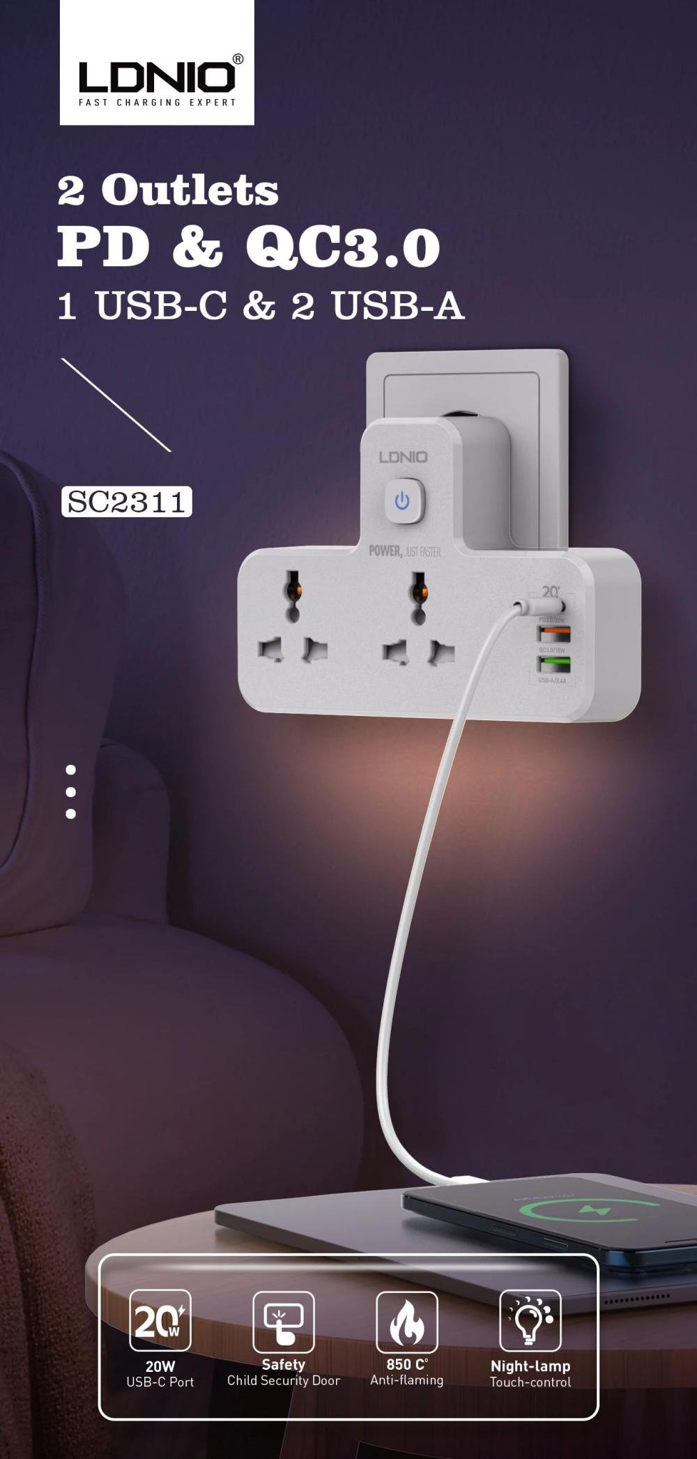 ldnio sc2311 20w 3 port usb charger extension power strip 7