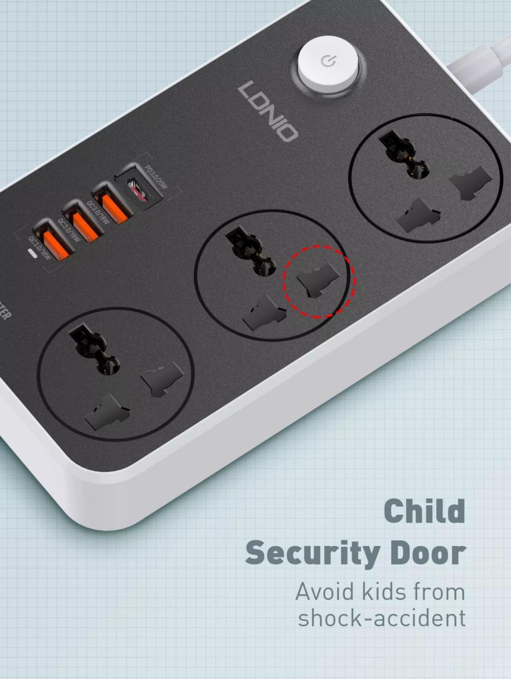 ldnio sc3412 38w pd20w power strip 3 socket outlets and 3 qc 3 0 usb 3