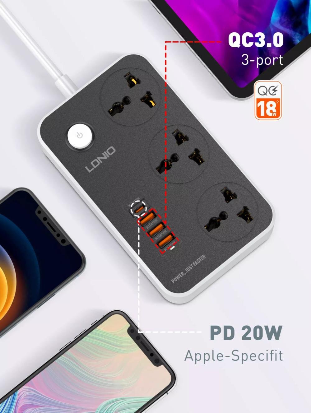 ldnio sc3412 38w pd20w power strip 3 socket outlets and 3 qc 3 0 usb 4