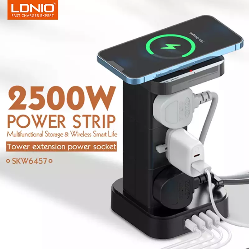 ldnio skw6457 6 outlet usb tower extension power socket with 15w wireless charger 1