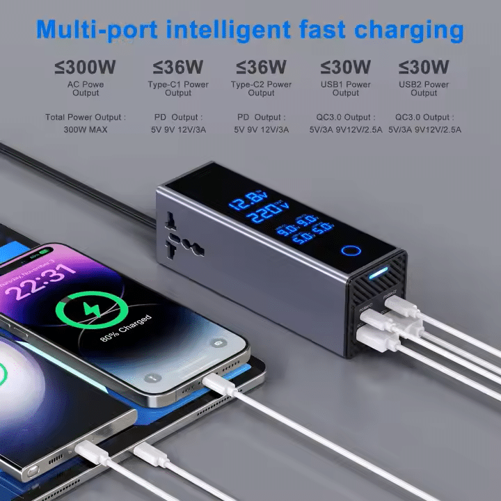 300W DC AC Inverter 220V to 12V Car Charger Adapter with LCD Display 3