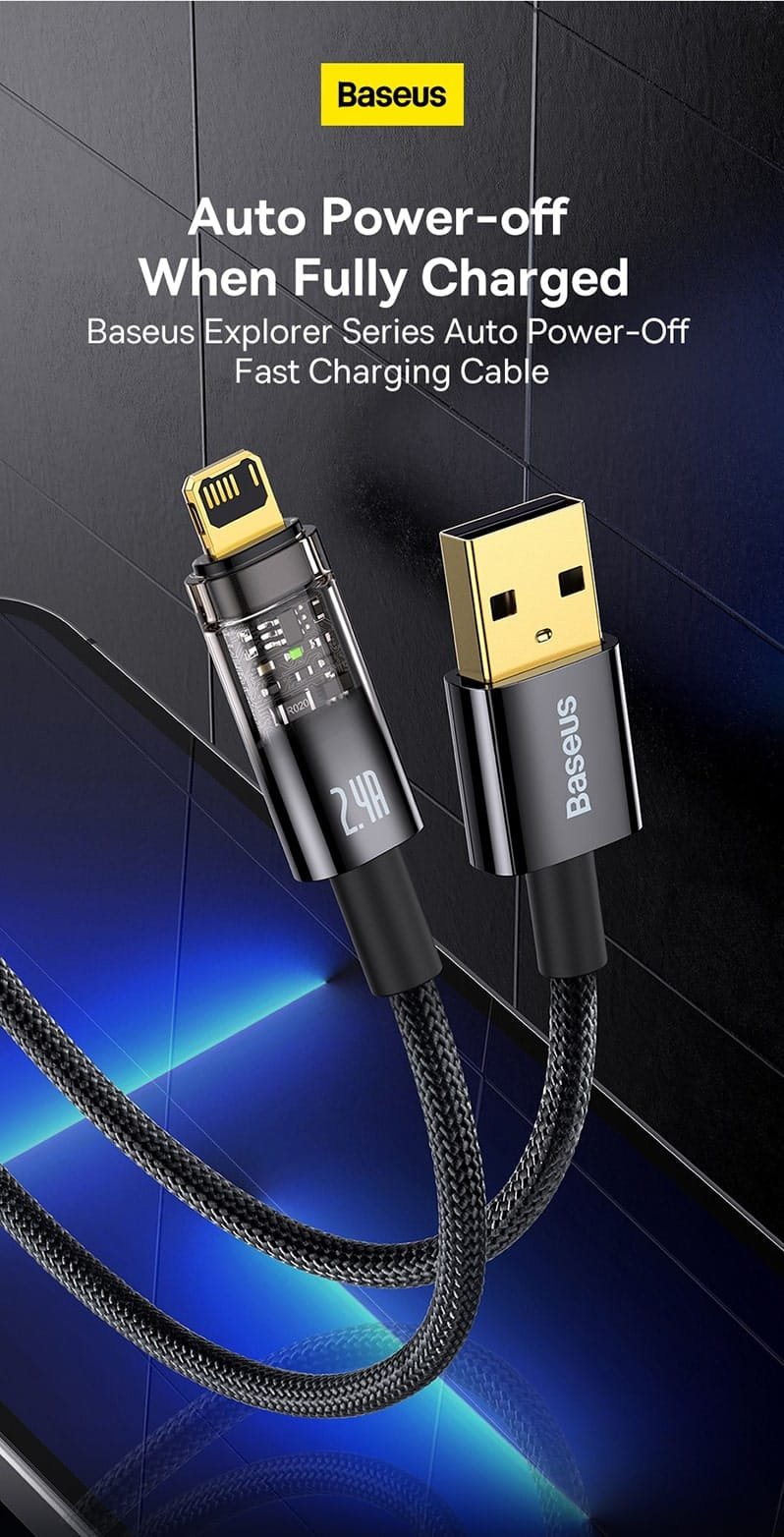 Baseus Cable Usb To Iphone Lightning Explorer Series Auto Power Off Fast Charging Data Cable For Iphone 2.4A CATS000401 Black 1M 1