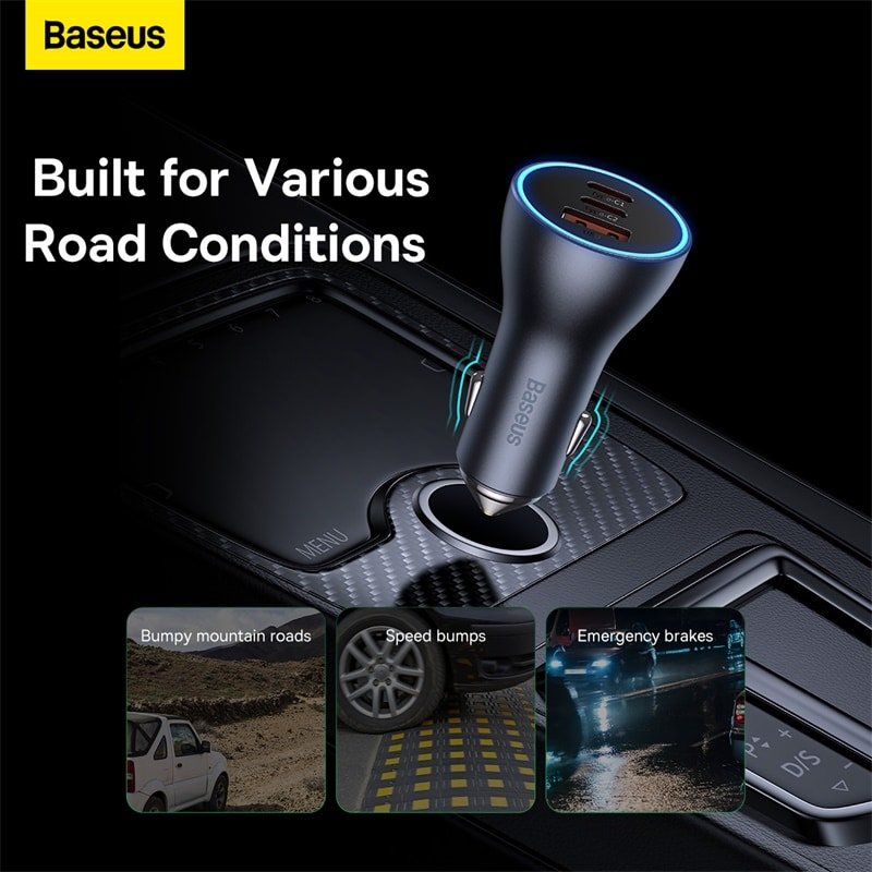 Baseus Car Charger 65W 2x Type C 1x USB A Golden Contactor Pro Triple Fast Charger Car Charger 65W Dark Gray CGJP010013 1