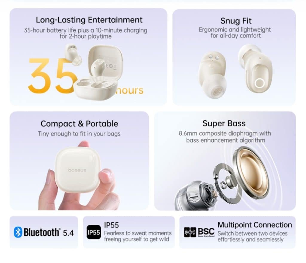 Baseus TWS Bass BD1 True Wireless Earbuds 8hour Long Music Time Cosmic 5