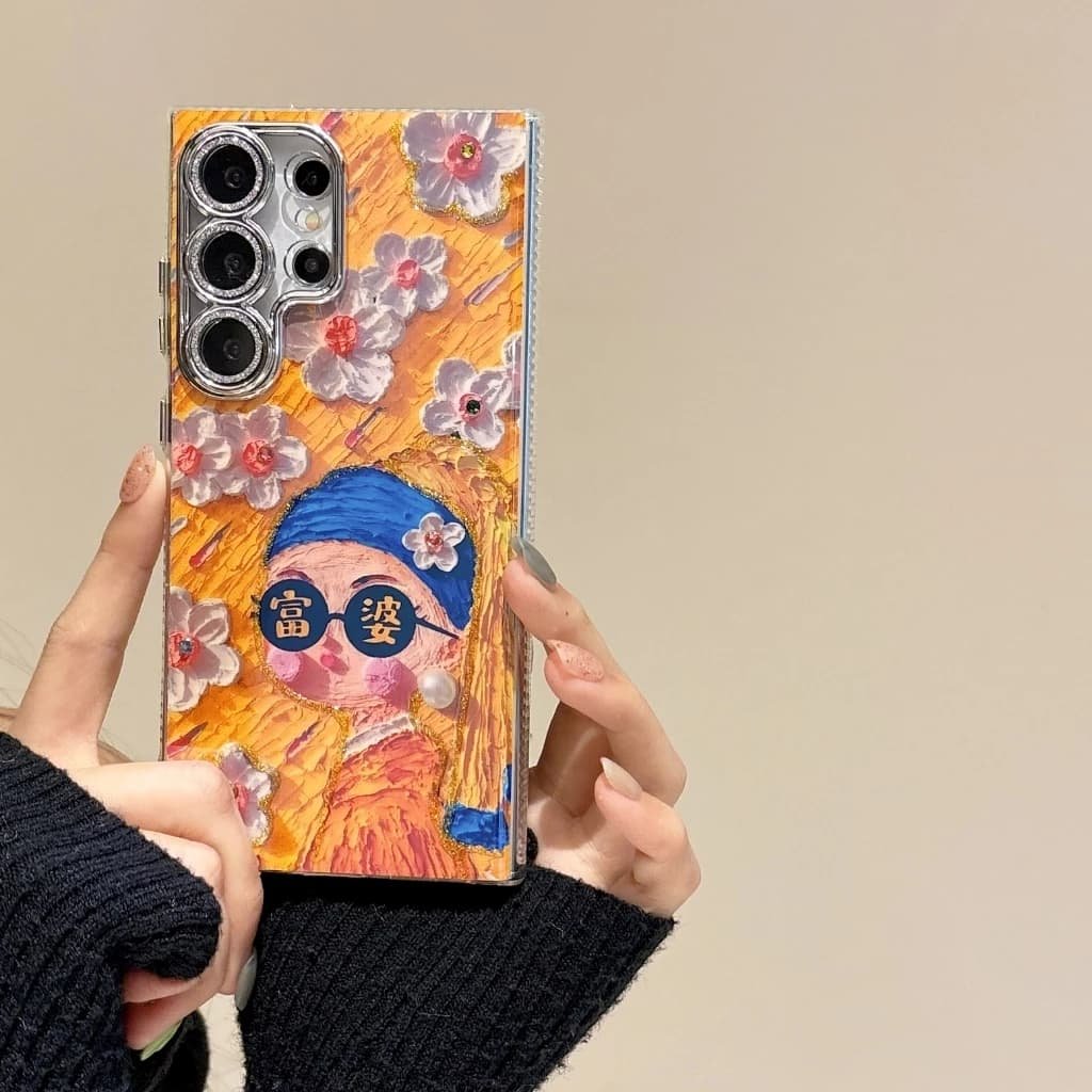 Oil Painting 3D Diamond Flower With Gilliter Camera Protector Phone Case For Samsung 3