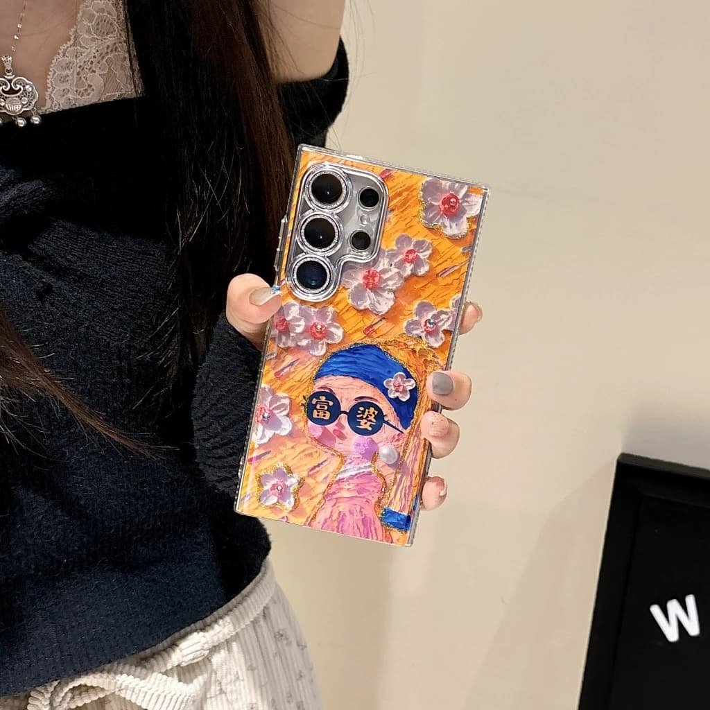 Oil Painting 3D Diamond Flower With Gilliter Camera Protector Phone Case For Samsung 4