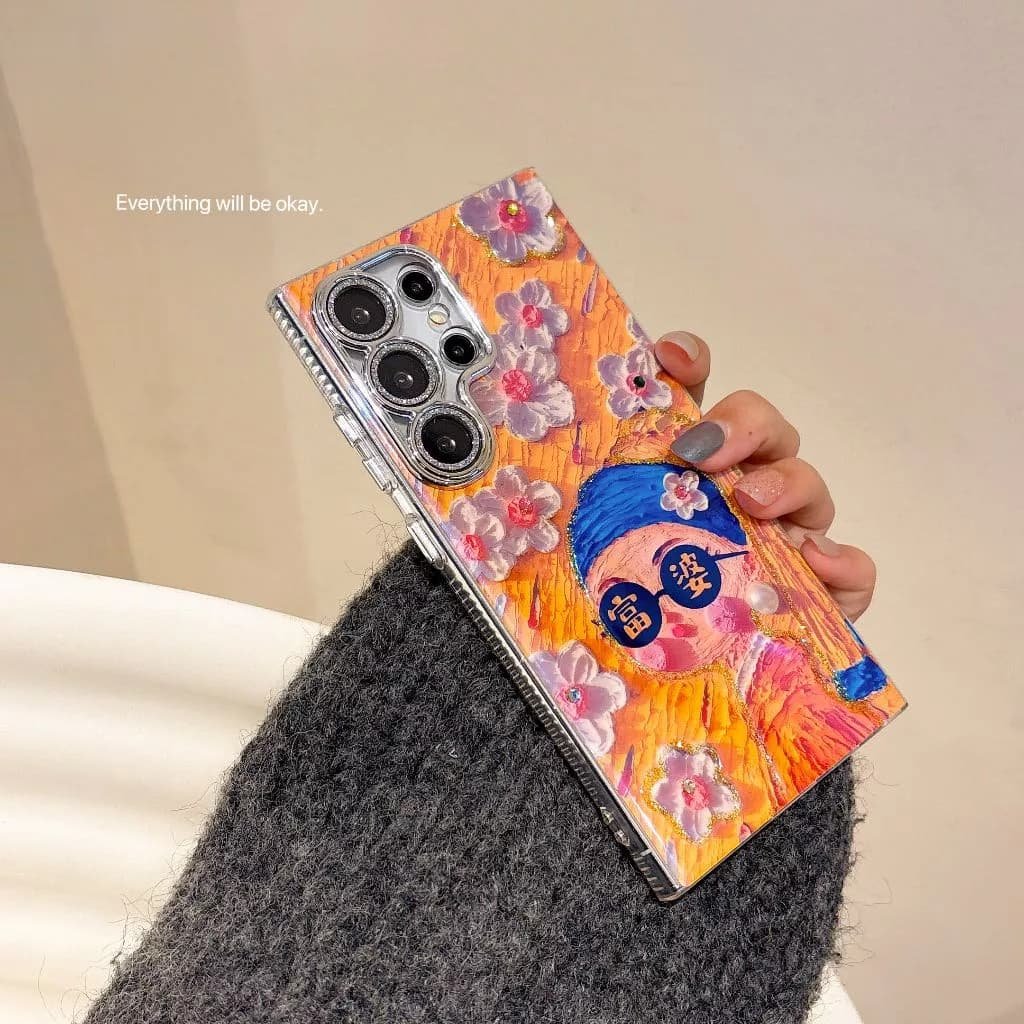 Oil Painting 3D Diamond Flower With Gilliter Camera Protector Phone Case For Samsung 5