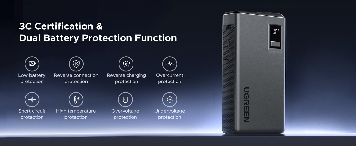 UGREEN Jump Starter Power Pack 12000mAh 600A Car Jump Starter Power Bank with Digital Screen and LED Light for Emergency 4