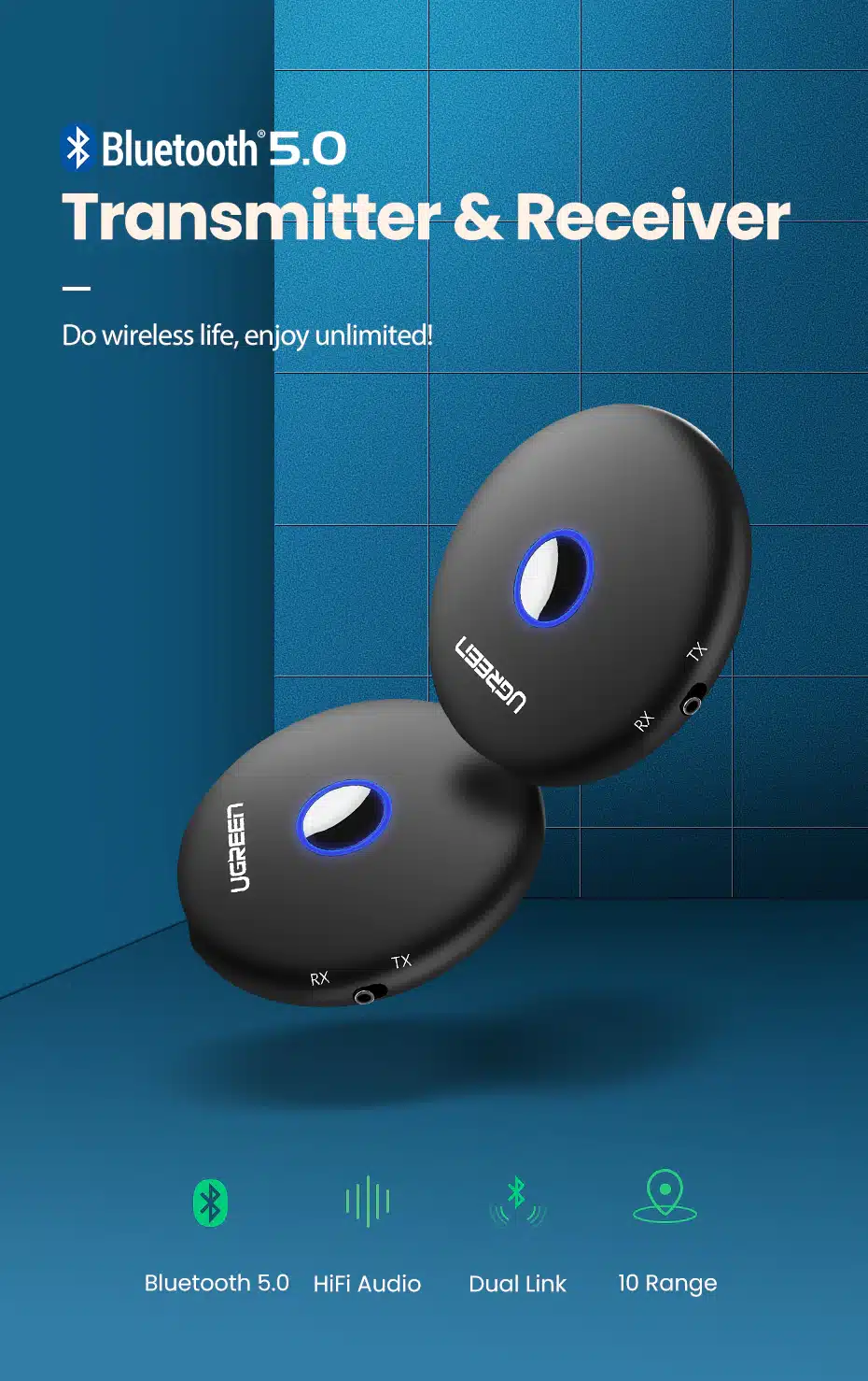 Ugreen Bluetooth 5.0 Transmitter Receiver aptx Adapter 3.5mm Jack Audio for TV 1