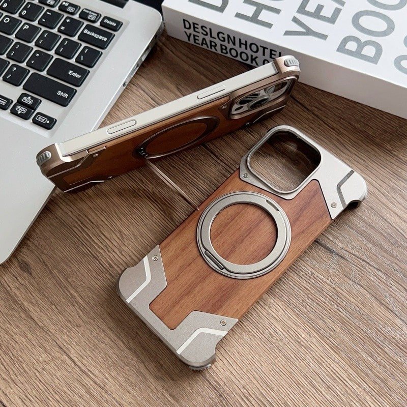 Luxury Walnut Wood Metal Frameless Mobile Phone Case For iPhone 1