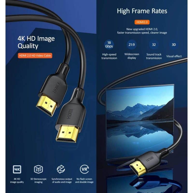 USAMS U49 Original HDMI 4K Cable Ultra High Quality Gold Plated Male to Male HDMI 2.0 Video Cable FHD HD 4K 3