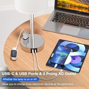 Silver White Touch Bedroom Table Lamp – 3 Way Dimmable With USB A C AC Outlet 1