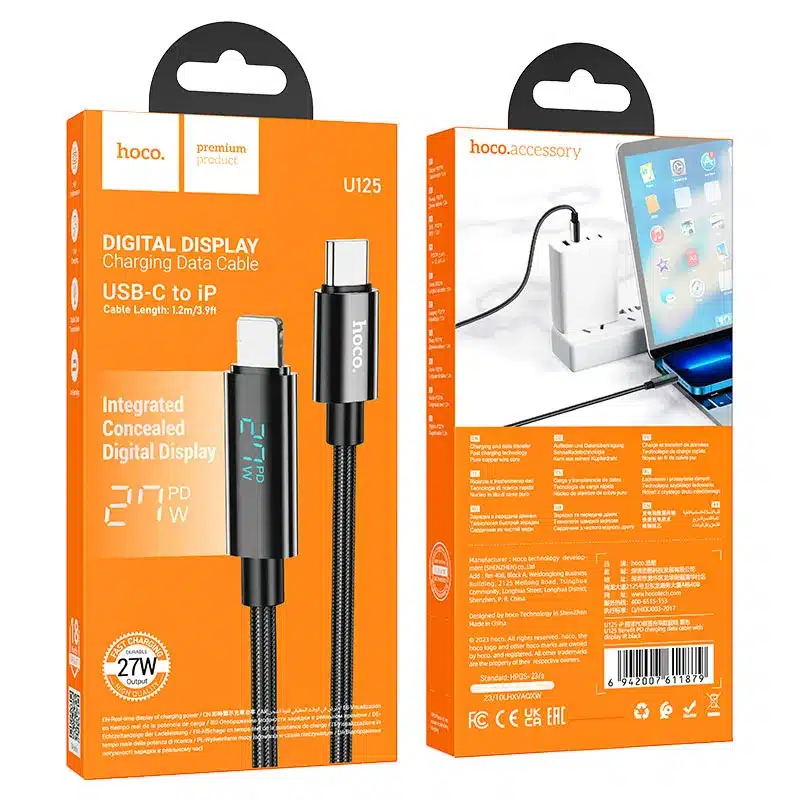 Hoco U125 Benefit PD 27W USB C to iPhone Fast Charging Cable 1.2m Braided Digital Power Display 1