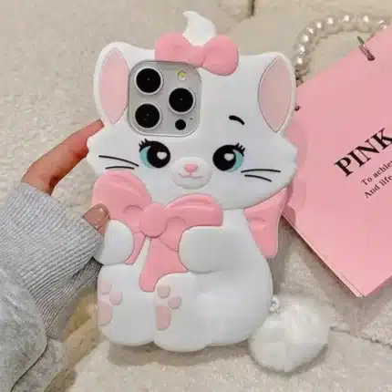 Lovely Marie Cat Bow Cartoon Cute Pink Cat With Plush Pendant Phone Case for iPhone
